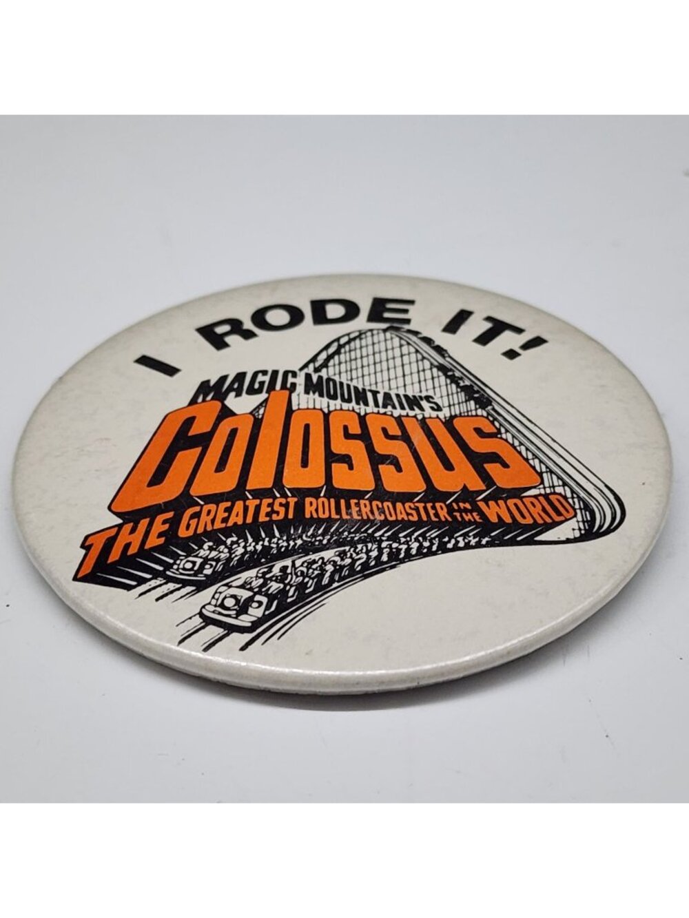 Vintage Magic Mountains Colossus Rollercoaster Pin Back Button I Rode It 1970s